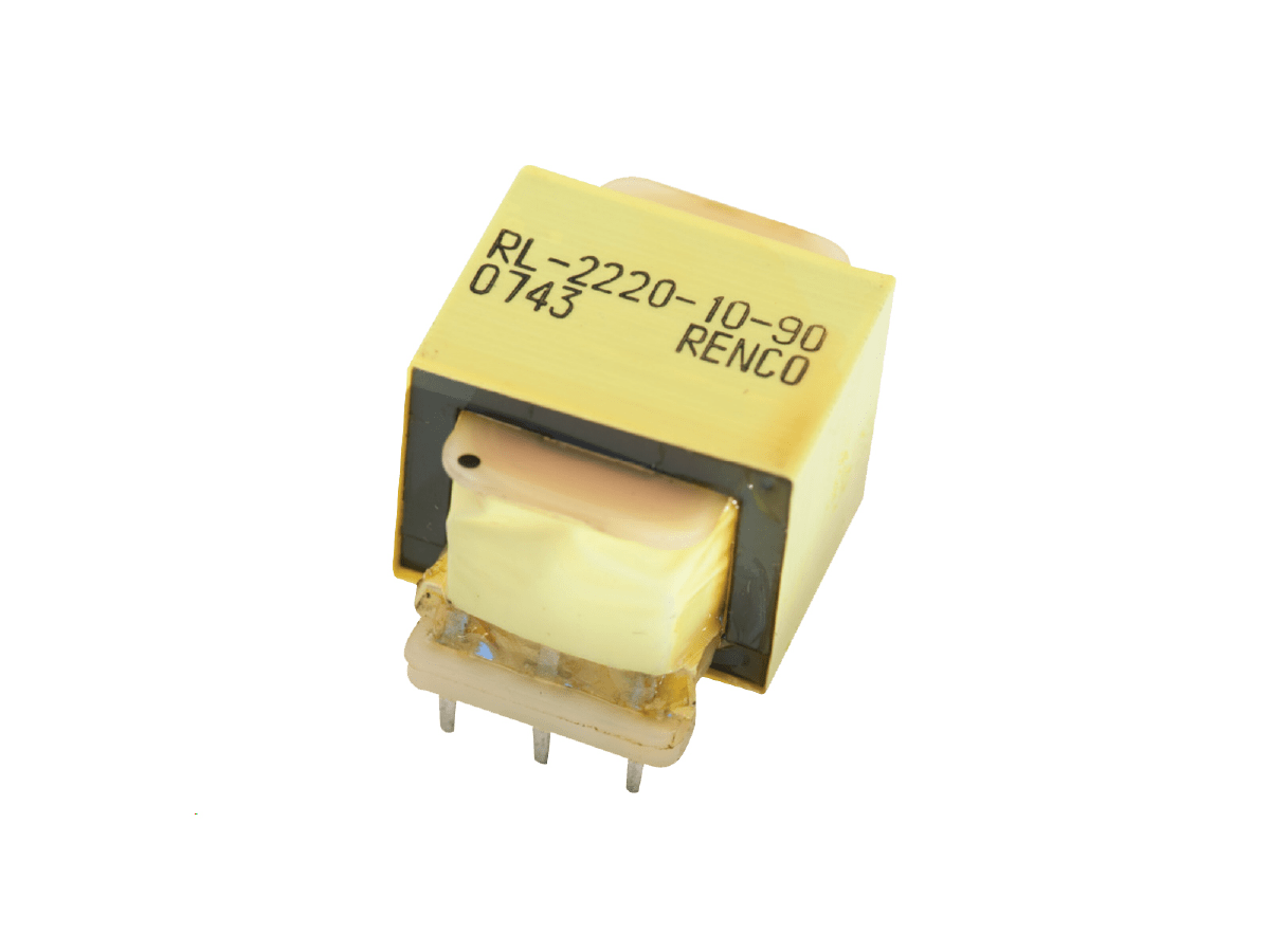 A yellow high frequency transformer with four metal pins, labeled RL-2220-10-90 0743 RENCO, isolated on a white background. by Standex Edge