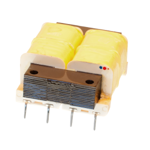 A close-up of a planar transformer featuring yellow winding, metal core, and four metal pins for circuit board mounting, isolated on a white background. by Standex Edge