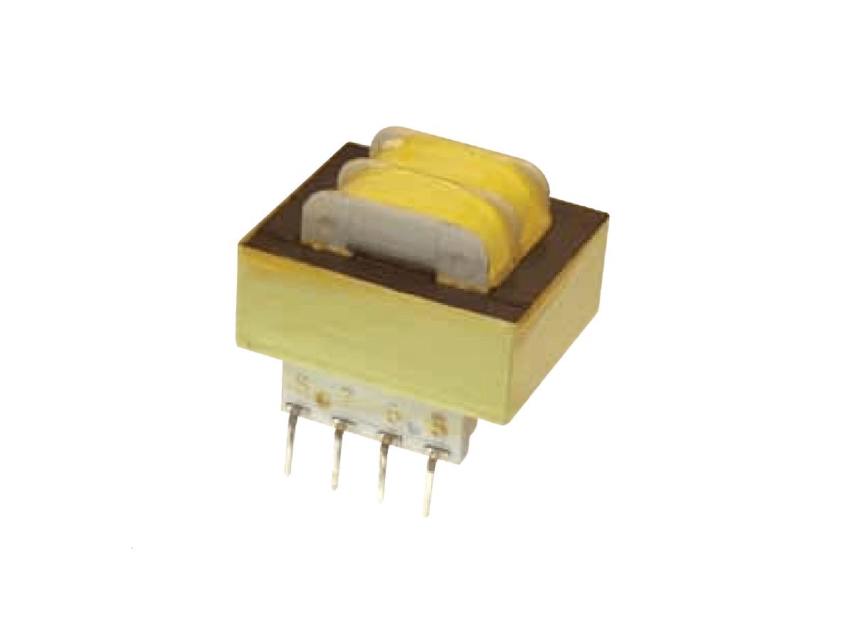 A small yellow high frequency transformer with four metal pins and a rectangular coil, isolated on a white background, ideal for power magnetics applications. by Standex Edge