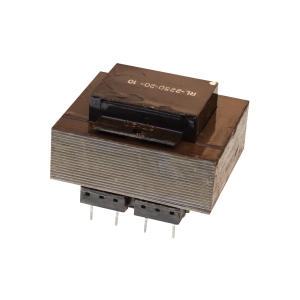 A rectangular planar transformer for power magnetics, featuring a black casing, visible metal windings, and several connector pins at the bottom—part of the Standex Edge series, isolated on a white background. by Standex Edge