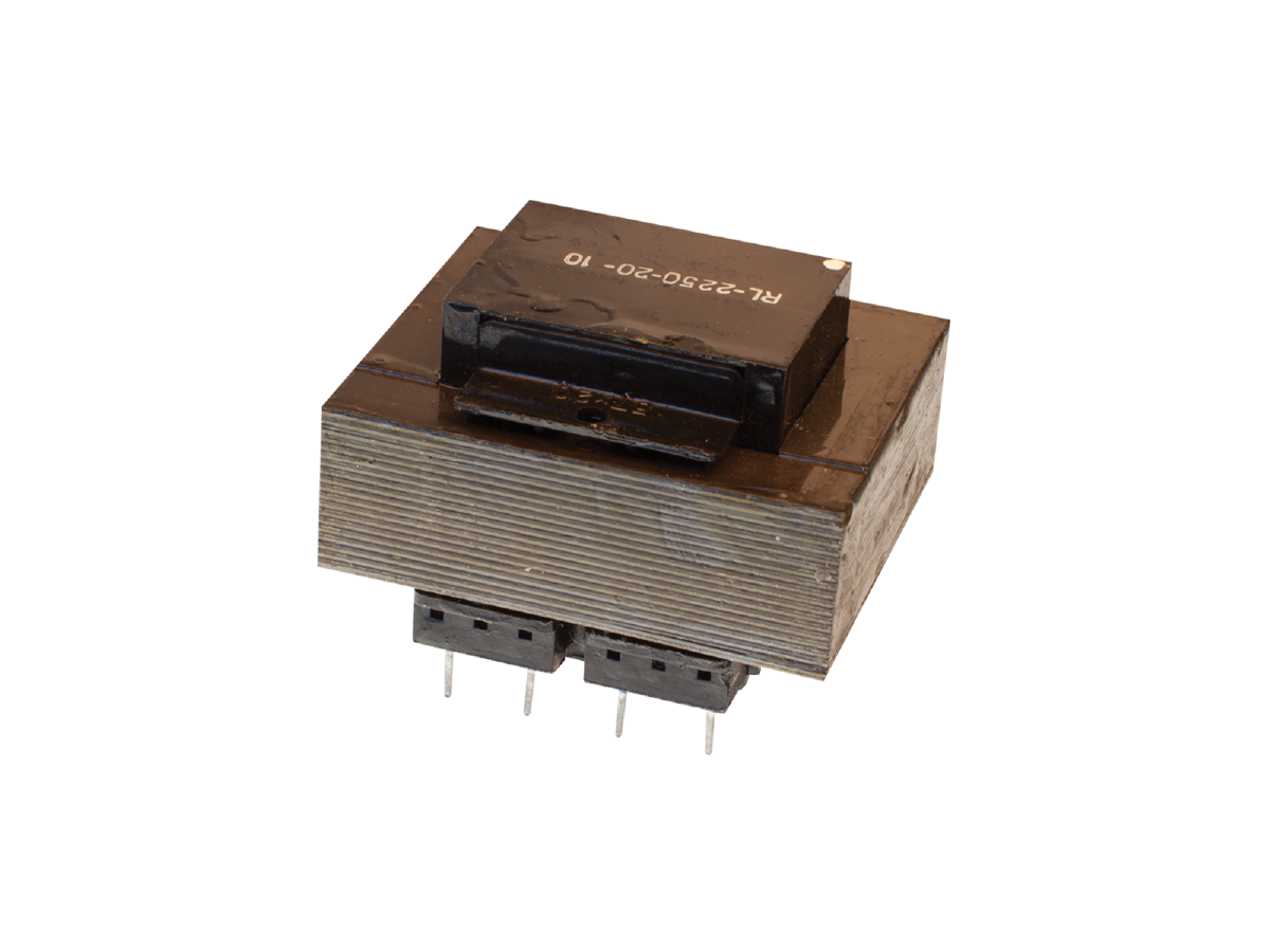 A rectangular planar transformer with metal pins and stacked metal plates, shown on a white background. This high frequency transformer is part of the Standex Edge series. by Standex Edge