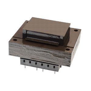 A rectangular high frequency transformer with a dark, box-like core and multiple metal pins for electrical connections, set against a white background. by Standex Edge