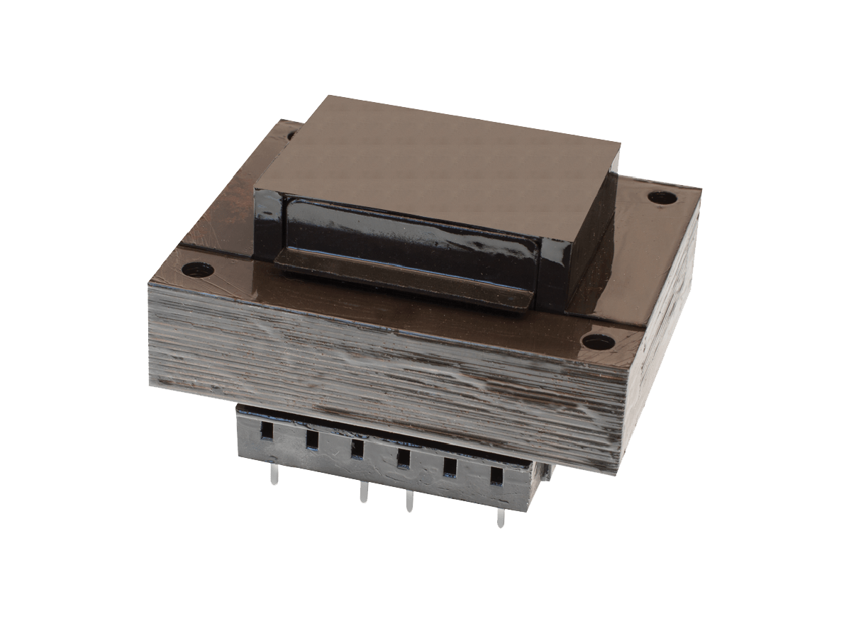 A rectangular electronic transformer with a dark, glossy casing and metallic pins at the bottom, designed for mounting on a circuit board, features Standex Edge power magnetics, isolated on a white background. by Standex Edge