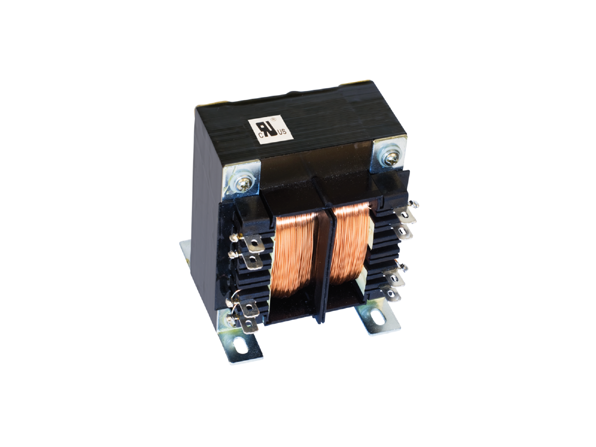A high frequency transformer with copper wire coils wrapped around a black rectangular core, mounted on a metal base with screw holes, isolated on a white background, ideal for power magnetics applications. by Standex Edge