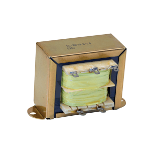A rectangular metal-cased high frequency transformer with yellow wire coils, electrical terminals on top and bottom, and mounting flanges on each side. by Standex Edge