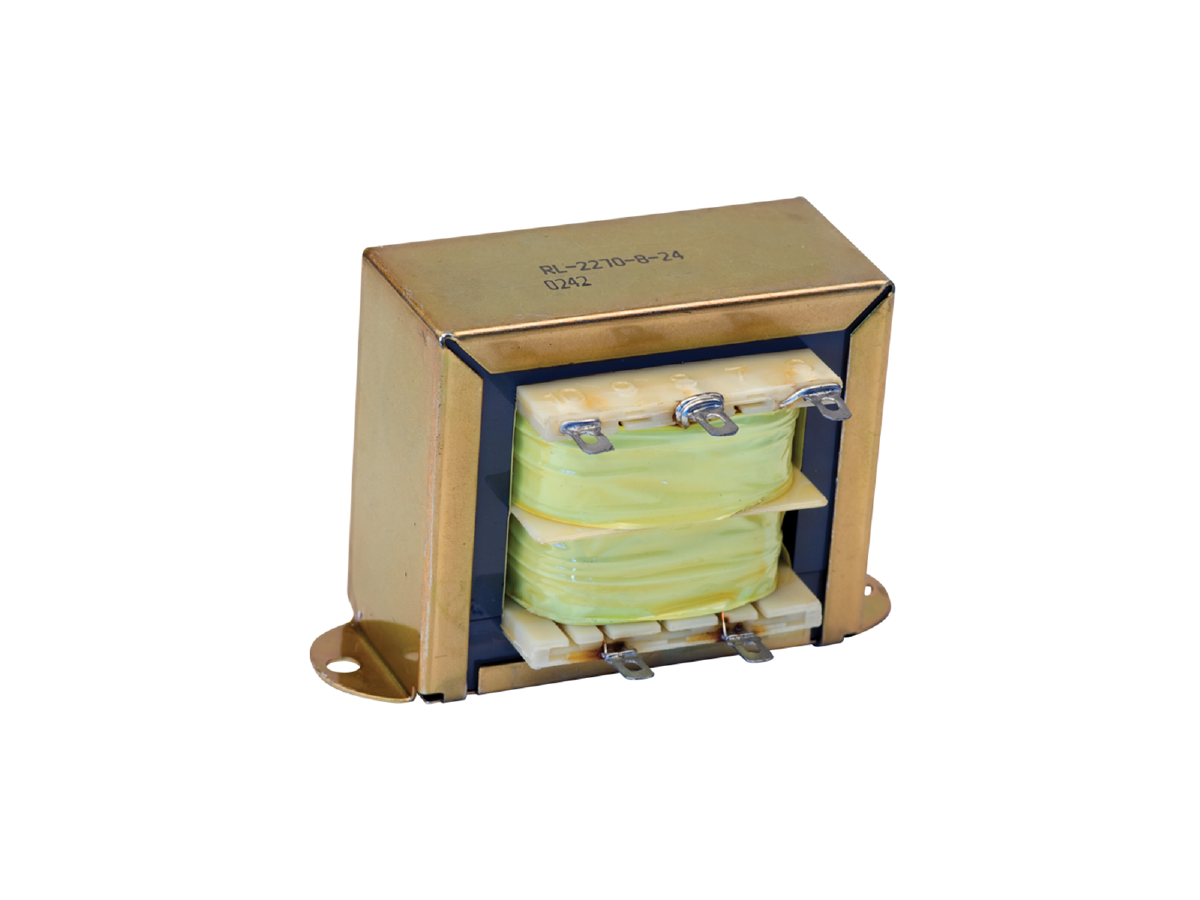 A metal-encased high frequency transformer with exposed coils and four terminal connectors, isolated on a white background. by Standex Edge