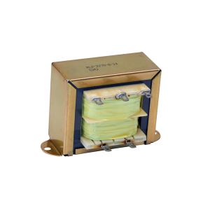 A metal-cased planar transformer with visible windings wrapped in yellow insulation and multiple terminal connectors on top and bottom, placed on a white background. by Standex Edge