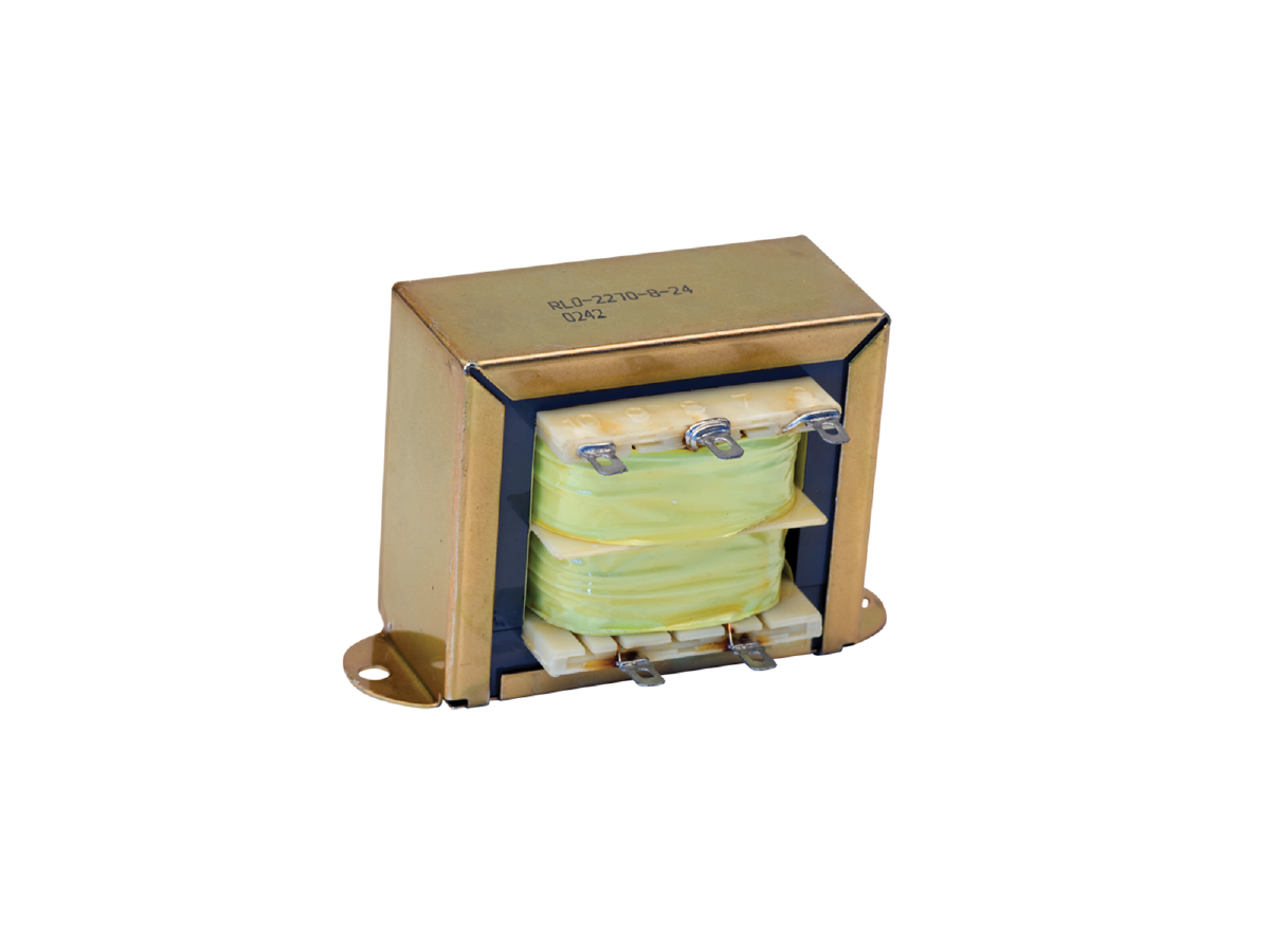 A metal-cased power inductor transformer with exposed coils wrapped in yellow insulation and visible screws for wiring, isolated on a white background. by Standex Edge