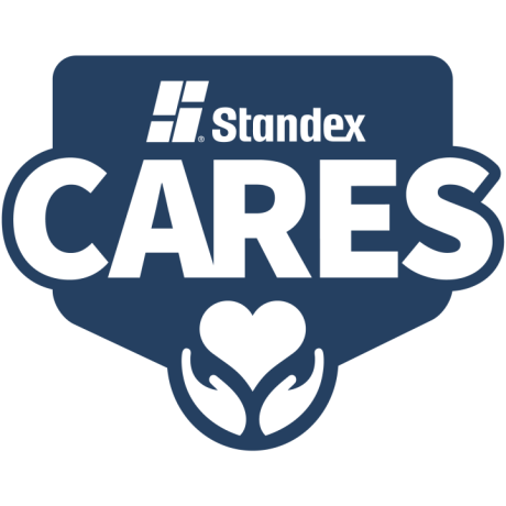 Logo with Standex CARES in bold white letters on a dark blue background. Below CARES, two hands form a heart shape, reflecting social responsibility and symbolizing care and support. by Standex Edge