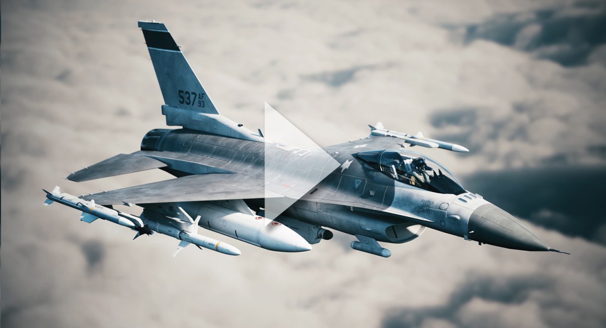 A military fighter jet with missiles attached to its wings soars above a layer of clouds. A translucent play button overlays the center, suggesting the image is from an aerospace video. by Standex Edge