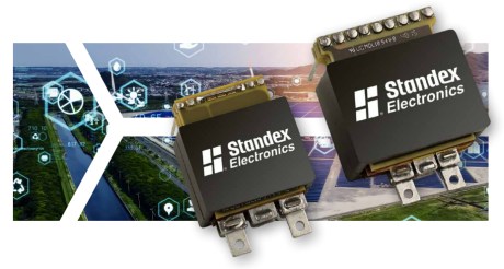 Two Standex Electronics components are shown in the foreground, with a background image of solar panels, fields, and blue digital technology icons overlaying the scene—highlighting reliable clearance and creepage distances for safe energy solutions. by Standex Edge