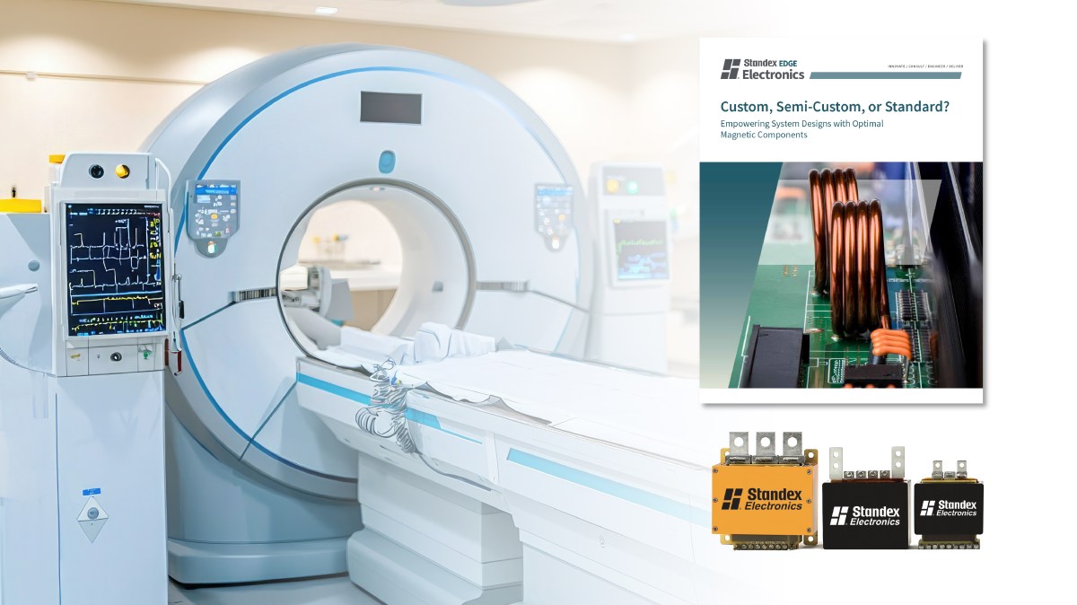 A modern MRI machine in a hospital room, with an electronics brochure and three Standex Electronics magnetic components displayed in the foreground. by Standex Edge