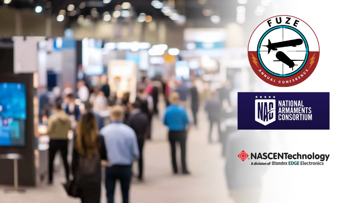A blurred expo hall filled with people and booths. On the right are three logos: FUZE Annual Conference, National Armaments Consortium (NAC), and NASCEN Technology, a division of Standex Electronics. by Standex Edge
