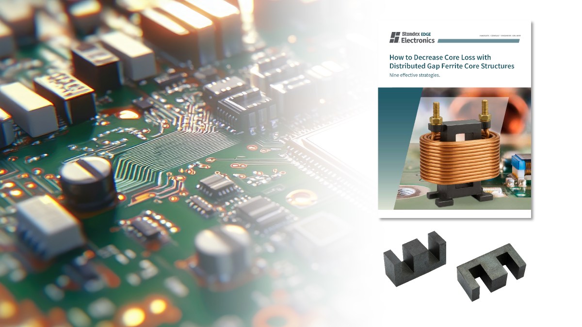 Close-up of a circuit board on the left, with an electronics industry white paper featuring a copper coil and two ferrite core components displayed on the right against a white background. by Standex Edge