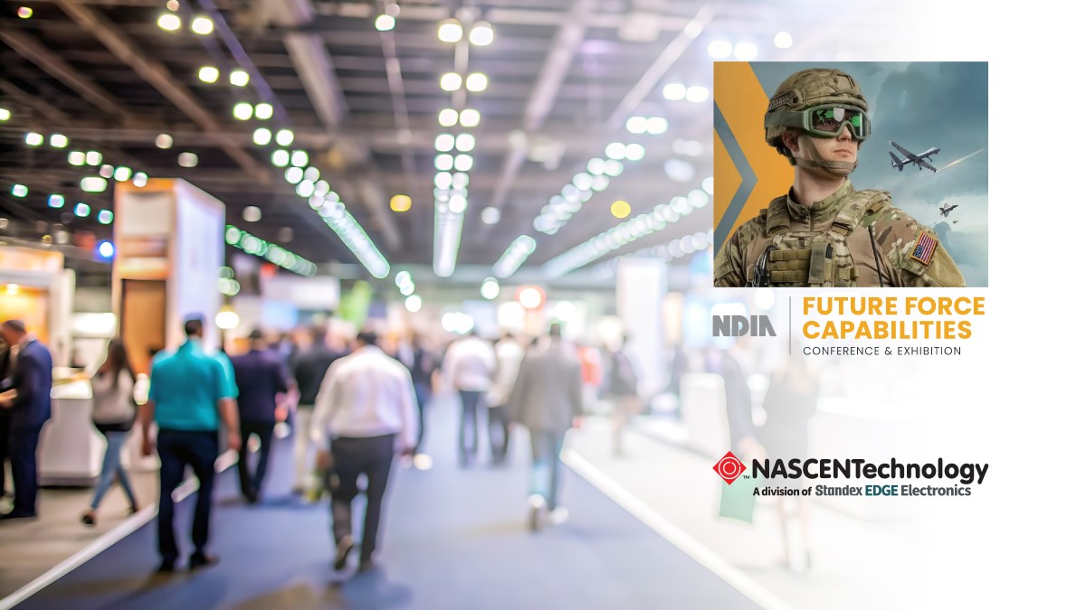 A blurred convention hall with people walking, overlaid with a promo for Future Force Capabilities showing a soldier in uniform and military aircraft, plus the NASCENTechnology logo at the bottom right. by Standex Edge