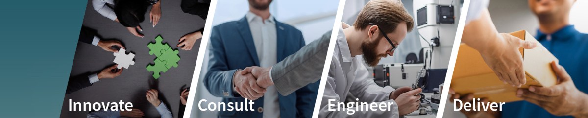 Four panels show: hands assembling a puzzle labeled Innovate, a handshake labeled Consult, a man working with equipment checking clearance and creepage labeled Engineer, and a package exchange labeled Deliver. by Standex Edge