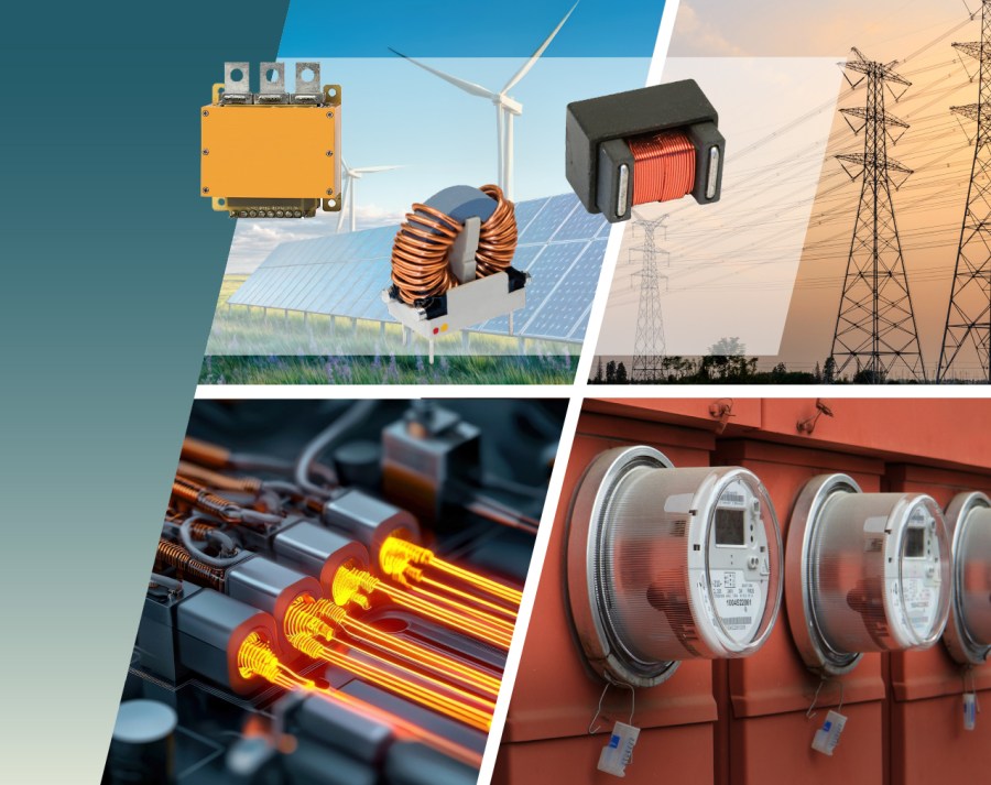 Collage featuring solar panels, wind turbines, electrical coils, power lines, glowing heating elements, circuit components with proper clearance and creepage, and electric utility meters, representing electrical power generation and distribution. by Standex Edge
