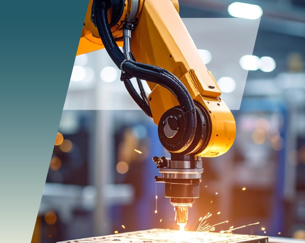 A yellow industrial robotic arm uses a tool to cut or weld metal, producing sparks in a factory where blurred machinery highlights the importance of maintaining proper clearance and creepage for electrical safety. by Standex Edge