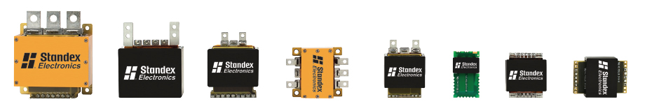 A row of seven variously sized and shaped electronic components, each labeled with the Standex Electronics logo, highlights optimal clearance and creepage design, displayed against a pristine white background. by Standex Edge