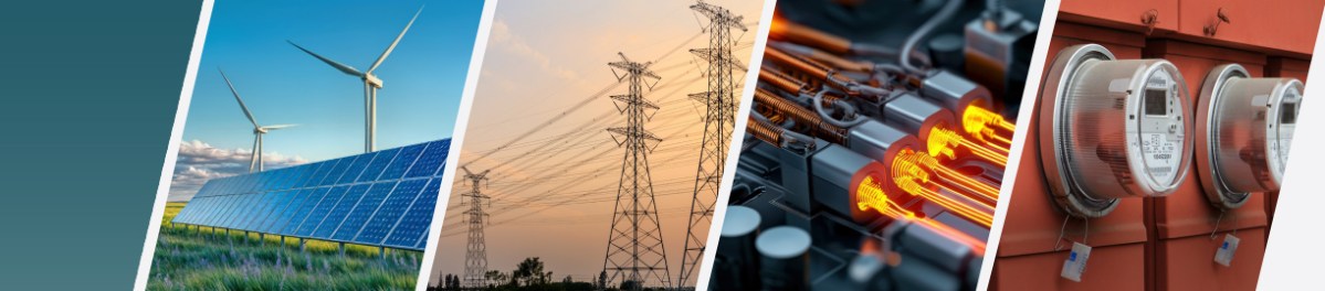 Four vertical panels showing renewable energy sources, power transmission lines at sunset emphasizing proper clearance and creepage, a close-up of light bulbs, and electric meters mounted on a red wall. by Standex Edge