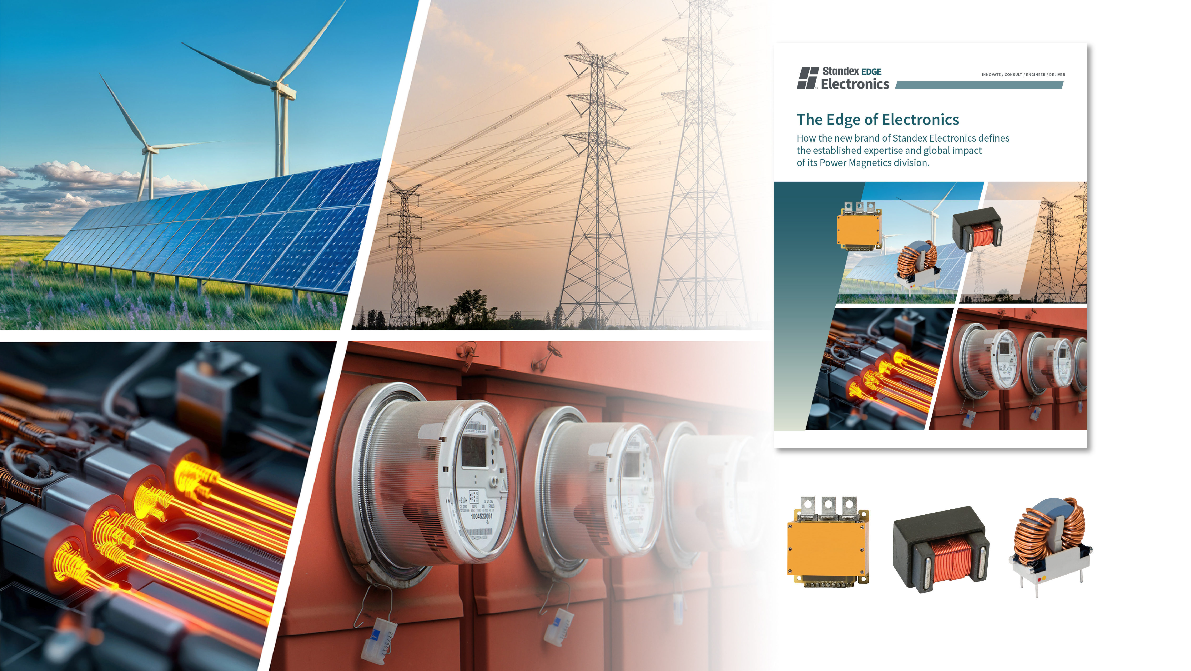 A collage featuring wind turbines, solar panels, electrical transmission towers, heating coils, power meters, transformers, and the cover of an electronics magazine titled “The Edge of Electronics.”. by Standex Edge