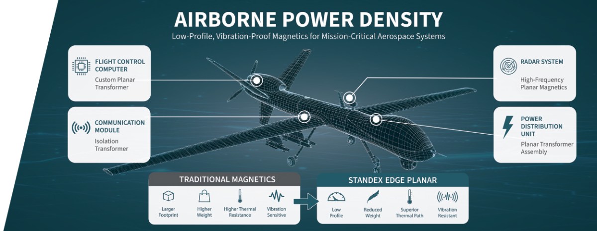 Diagram of an airplane highlighting components using planar magnetics, with callouts for flight computer, radar, power, and communication modules. The illustration also emphasizes the enhanced clearance and creepage distances achieved with planar magnetics, alongside a comparison of traditional versus planar magnetics features. by Standex Edge