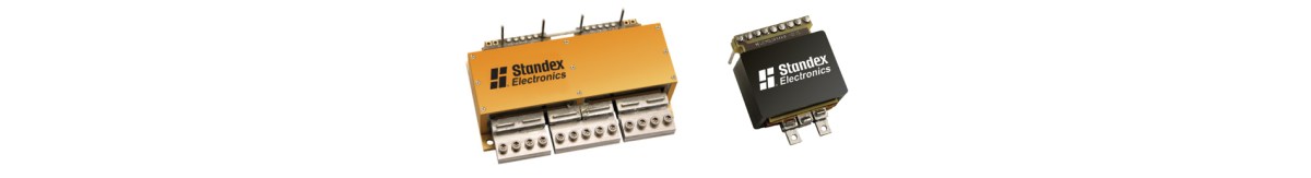 Two compact electronic modules, one gold and one black, both labeled “Semikron Electronics,” featuring multiple pins and connectors designed with optimal clearance and creepage distances, set against a white background. by Standex Edge