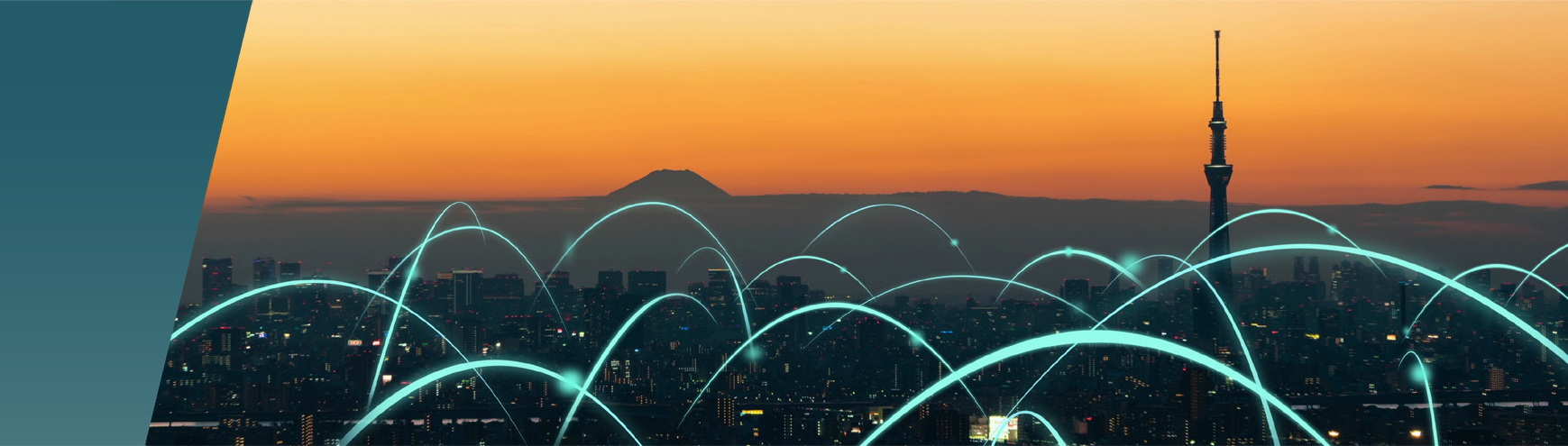 City skyline at sunset with glowing arcs—illustrating data or communication networks—arching above the buildings, including a tall tower and distant mountain. The scene subtly highlights considerations of clearance and creepage between network elements as they connect across the cityscape. by Standex Edge