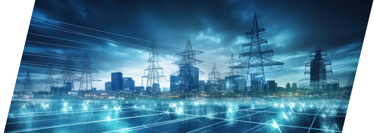 Digital power lines and transmission towers overlay a city skyline at dusk, with glowing blue grid lines on the ground, illustrating concepts of smart city infrastructure and modern energy networks—highlighting the importance of clearance and creepage in maintaining safe electrical connections within advanced urban systems. by Standex Edge