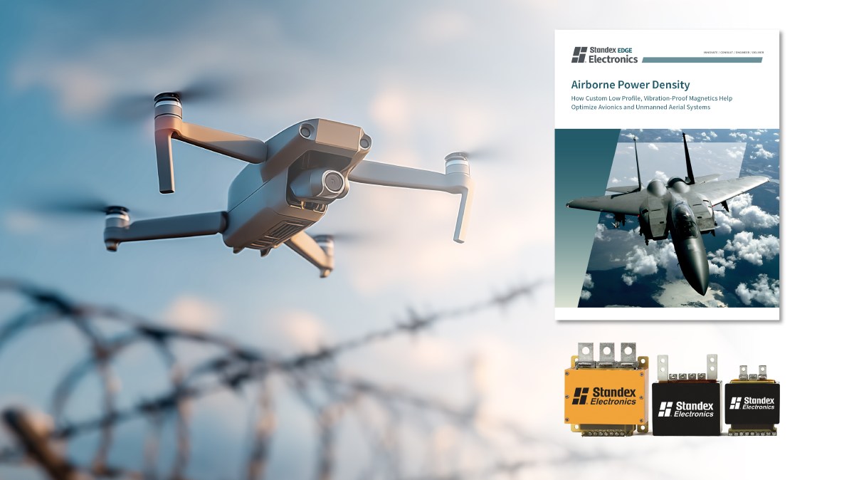 A flying drone, a jet fighter, electronic power modules, and a brochure titled Airborne Power Density by Standex Electronics are shown, highlighting technology for aerial systems. by Standex Edge