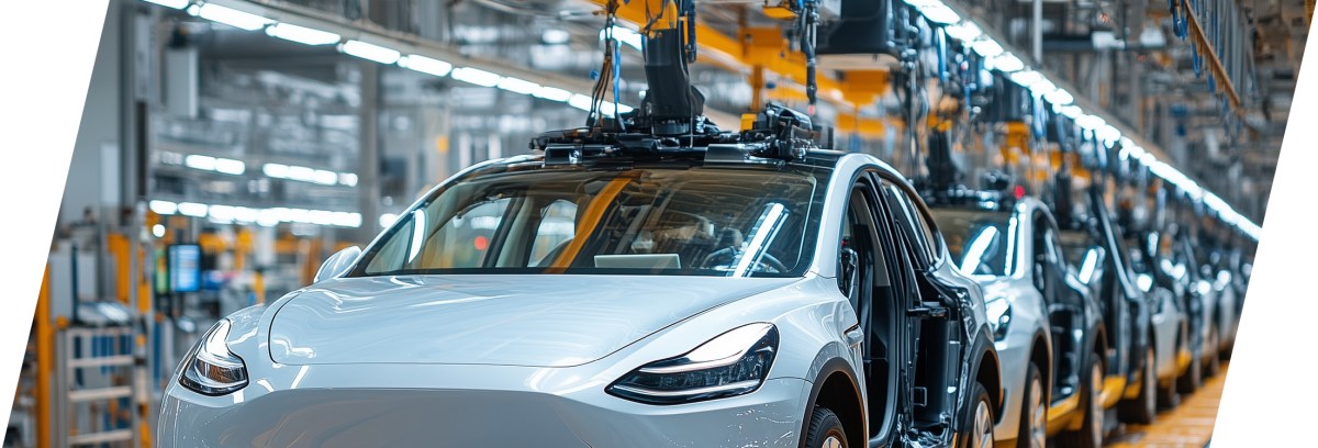 White electric cars on an automated assembly line in a brightly lit factory, with robotic arms working overhead and more vehicles visible in the background, where meticulous attention to clearance and creepage ensures optimal safety and efficiency in the manufacturing process. by Standex Edge