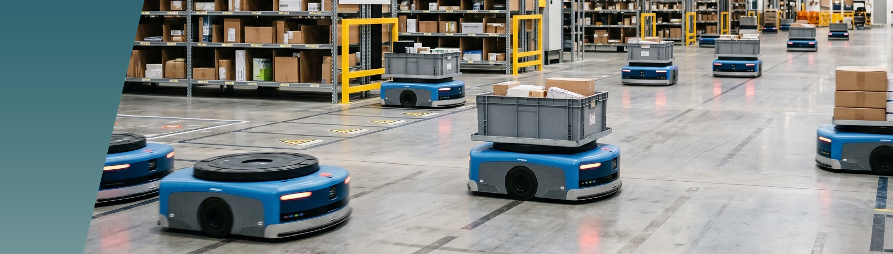 Several blue robotic carts, designed with optimal clearance and creepage distances for safety, transport boxes and crates across the floor of a large warehouse filled with shelves and various packages. by Standex Edge