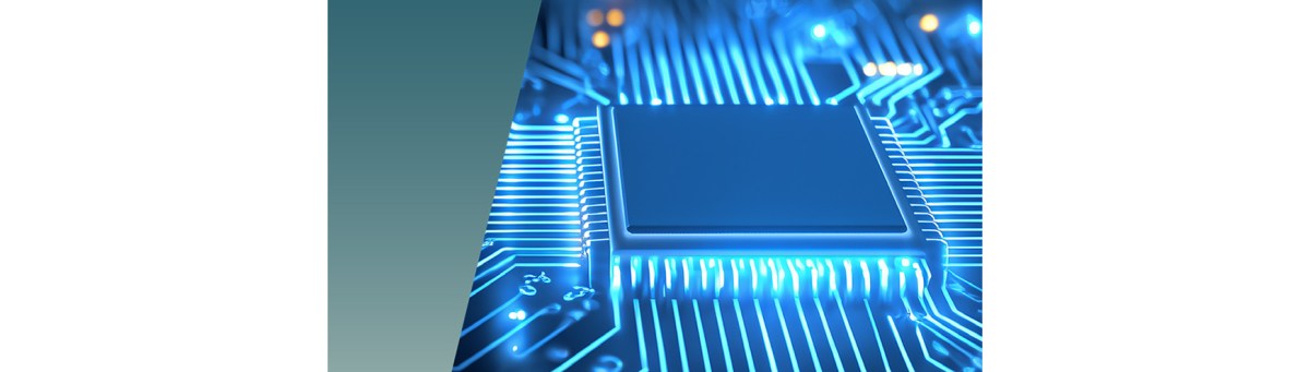 A central computer processor chip sits on a circuit board with glowing blue lines of data tracing paths that maintain proper clearance and creepage. by Standex Edge