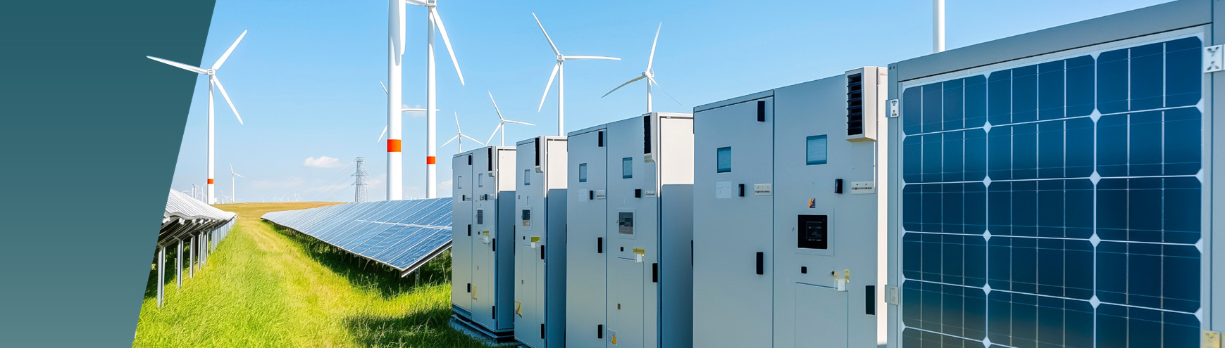 A field of solar panels and wind turbines with industrial electrical equipment in the foreground, showing visible clearance and creepage distances between components. by Standex Edge