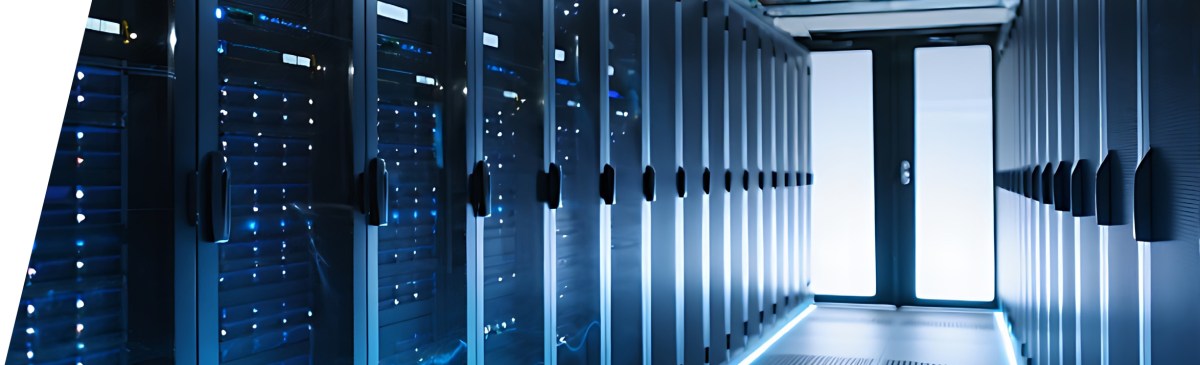 A row of server cabinets in a data center with blue status lights visible through glass doors, designed with precision for necessary clearance and creepage. by Standex Edge