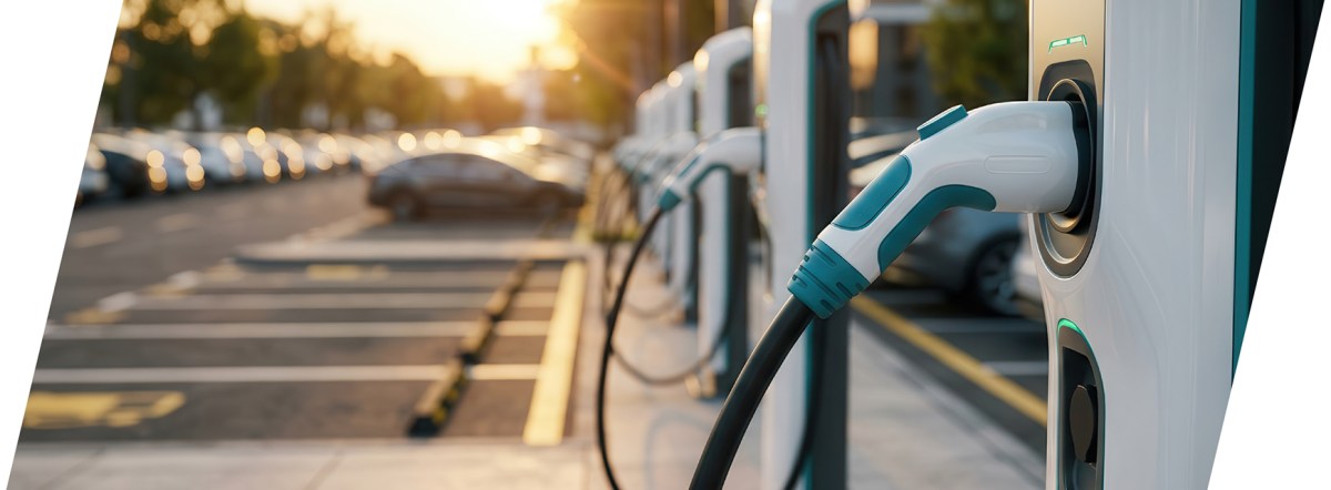 A row of electric vehicle charging stations with visible clearance and creepage spacing in an outdoor parking lot at sunset. by Standex Edge