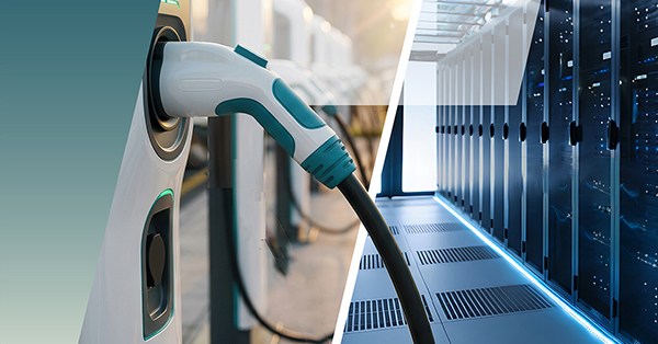An electric vehicle charging station plug sits on the left, while rows of server racks, which must adhere to strict clearance and creepage requirements, occupy the right. by Standex Edge