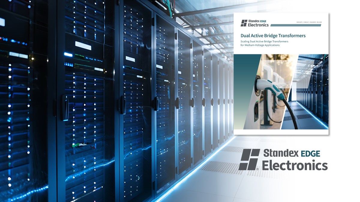 A server room with a Standex Electronics brochure overlay titled Dual Active Bridge Transformers featuring an image of an electric vehicle charging station. by Standex Edge
