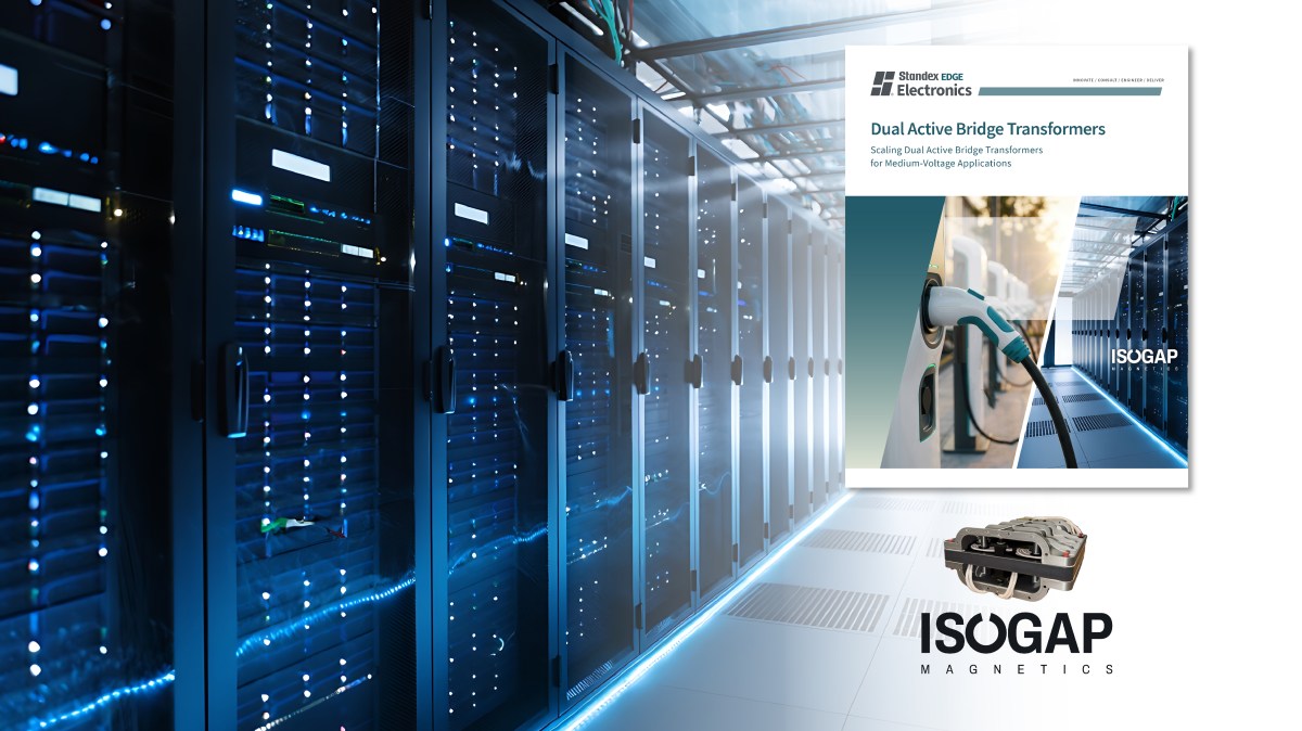 Technical document for Standex Electronics about Dual Active Bridge Transformers, featuring an image of an electric vehicle charger and a data center, with the ISOGAP Magnetics logo below. by Standex Edge